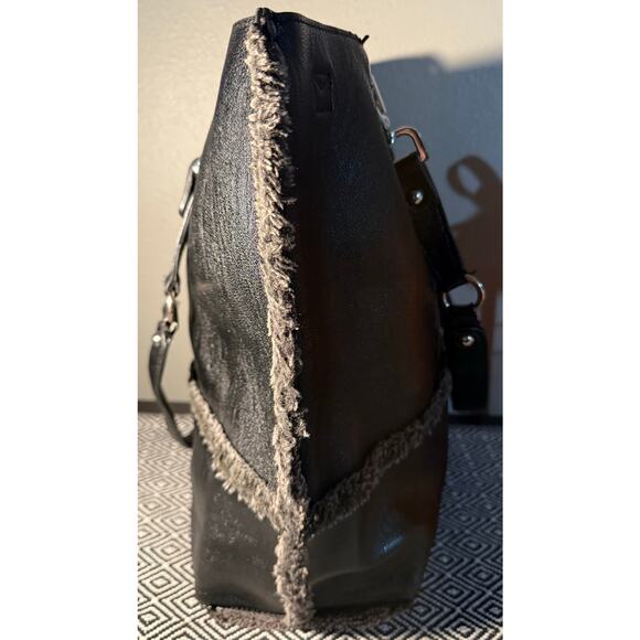 Calvin Klein Black leather & Suede w/ Grey Soft Fringe Reversible Tote Purse - Picture 5 of 9